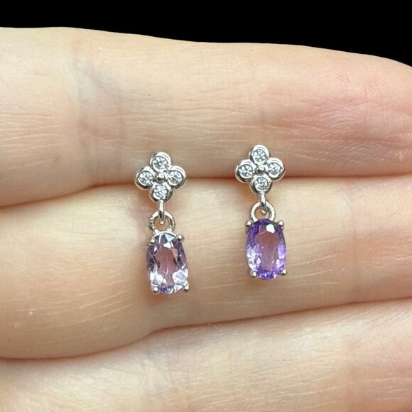Purple clover dangle dainty amethyst earrings CZ Sterling Silver jewelry NEW - Picture 3 of 8